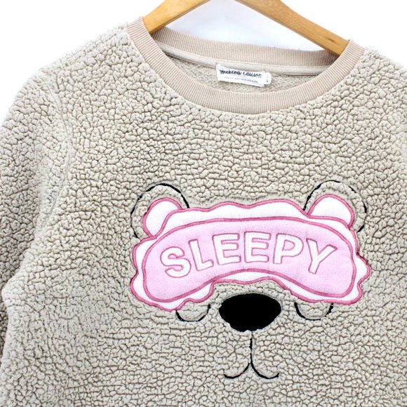 Weekend Edition Sherpa Chunky Sweater Womens Brown Tan Sleepy Bear Face L - Picture 2 of 9